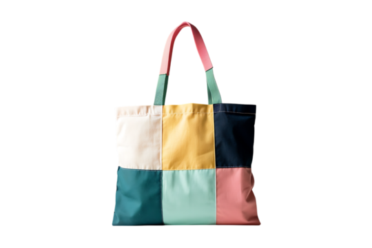 Stylish and trendy tote bag with colorful patchwork design.