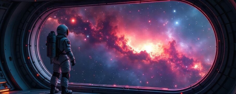 Cosmonaut Gazes at Breathtaking Nebula from Spacecraft Window Awe-Inspiring View of Starry Galaxies, Emphasizing the Wonder and Exploration of Space Travel