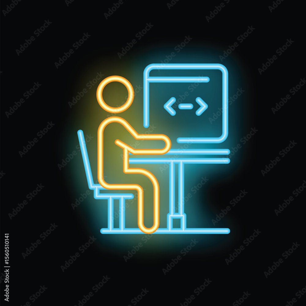 Poster neon sign icon of a developer working with code on a computer