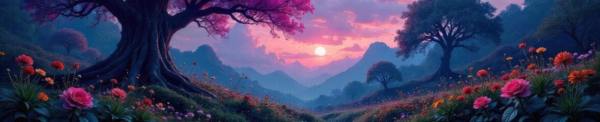 Mystical Twilight Garden Unusual Herbs, Gnarled Trees, and Vibrant Otherworldly Flowers Bloom Under a Starlit Sky, Perfect for Fantasy, Halloween, or Magical Designs