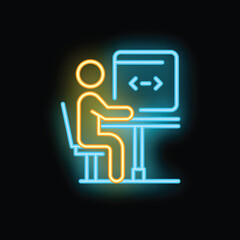 Neon sign icon of a developer working with code on a computer