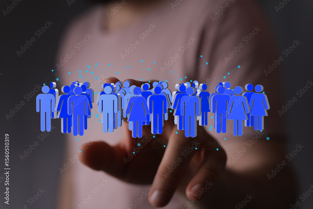 Poster image of a hand interacting with a digital network of people, representing global connections and co