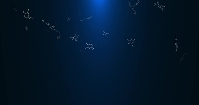 Flying structural formulas of nitrogenous bases, components of DNA. Chemical fantasies. Abstract animation.