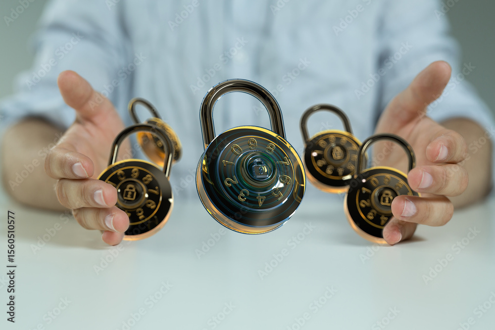 Poster Image of hands holding multiple combination locks, symbolizing data security and protection.