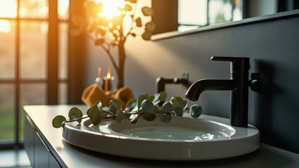 Bathroom sink with black faucet and eucalyptus branch in a white basin with water sunlight through window