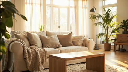 Beige sofa with pillows and throw blanket in a sunlit living room with wooden coffee table and potted plants near large windows