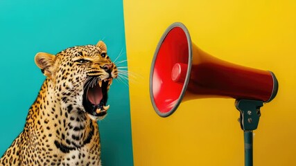 A playful leopard holds a megaphone, ready to make some noise