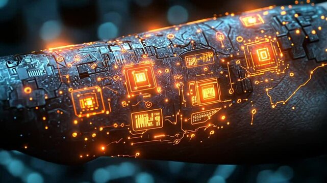 Close-up of a futuristic arm or limb, intricate circuit board design with glowing orange circuitry