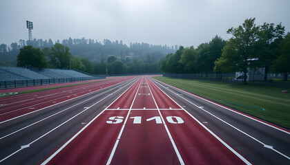 Race track with starting or end line, aerial view background, studio lighting. White tone