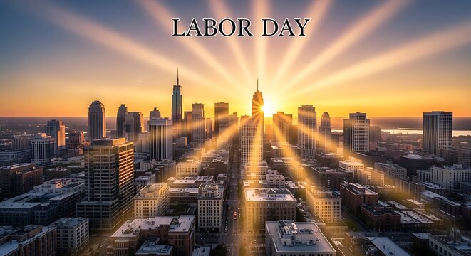 Labor Day is celebrated with a sunrise over a city skyline, with light rays emanating from a central skyscraper.