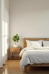 Serene Minimalist Bedroom Peaceful Living Space with Simple Bed, Wooden Nightstand, and Natural Light