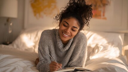A young woman writing with a smile on the bed