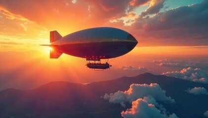 Fototapeta premium Majestic Airship at Sunset A Breathtaking View of Airship Ballooning, Gondola Shadow Dramatically Cast Against Vibrant Sky, High-Altitude Flight