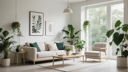 Bright minimalist living room with stylish furniture and abundant indoor plants in daylight