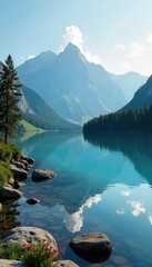Serene Mountain Lake Landscape Tranquil Waters, Majestic Peaks, Peaceful Retreat for Relaxation, Meditation, and Yoga