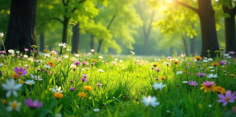 Fototapeta premium Sun-Dappled Spring Meadow Wildflowers in Bloom, Vibrant Green Landscape