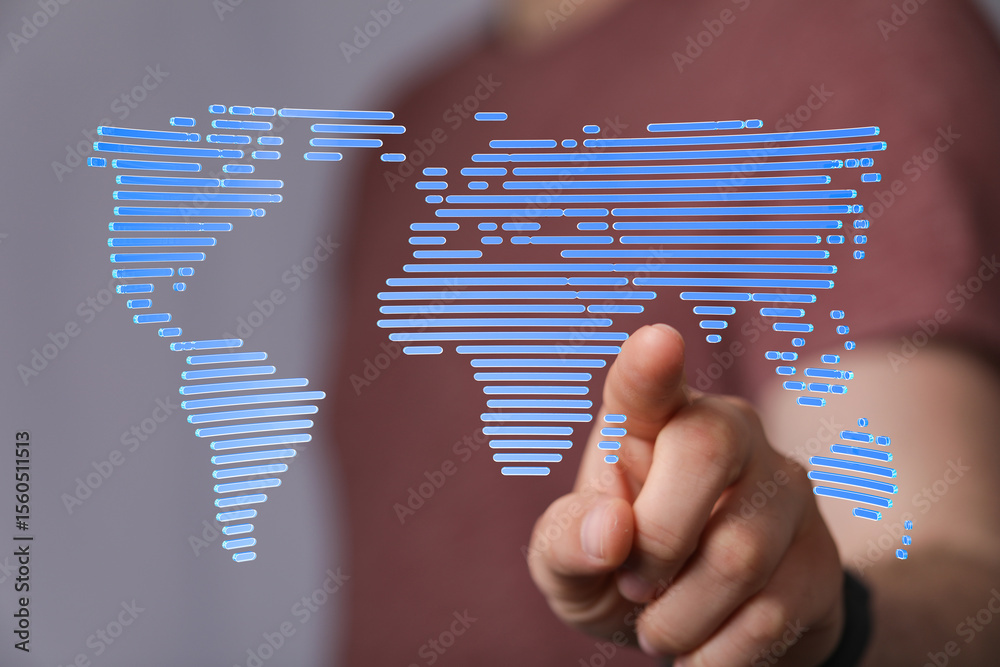 Poster Person interacts with a digital world map, symbolizing global connectivity and networking.