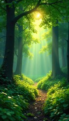 Naklejka premium Serene Sunlight Dappled Forest Peaceful Nature Scene, Calm Green Woods, Tranquil Atmosphere, Safe Haven