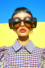 Fashion portrait of a bold woman in a checkered blouse with oversized square sunglasses against a vibrant yellow and blue background. Retro meets futuristic style.