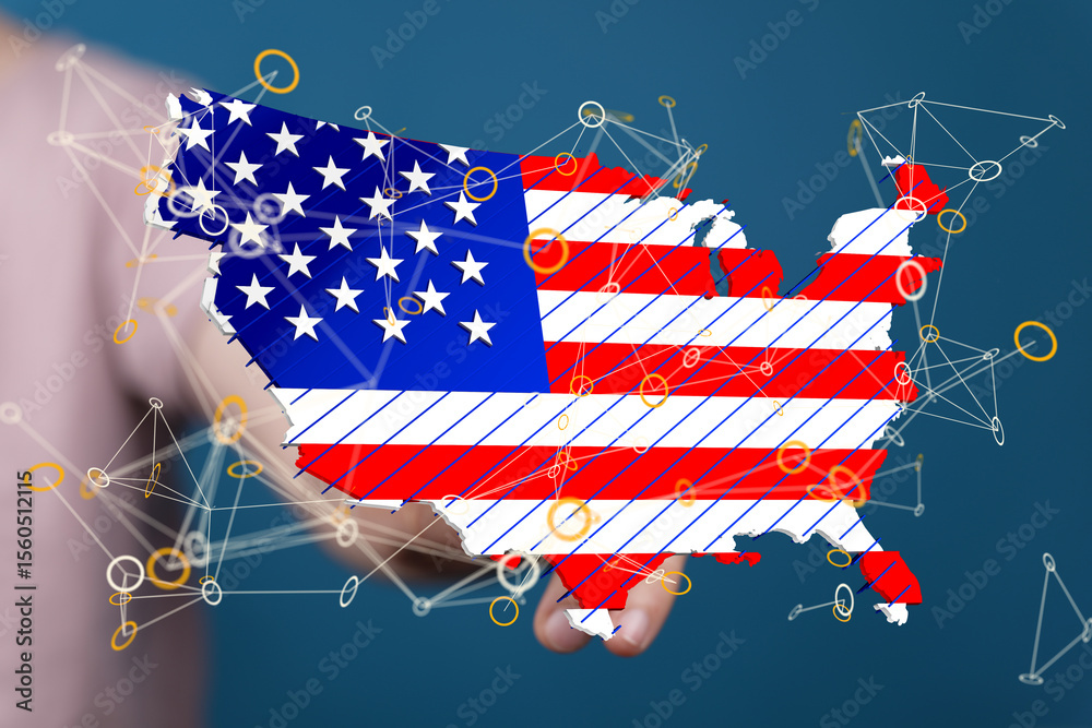 Poster stock photo of a 3d us map with network connections overlaid on an american flag design.