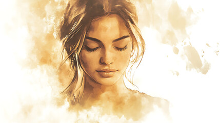 The canvas reveals a beautiful woman in meditation, watercolor and ink wash technique, light brown background, soft tones, elegant peaceful mood, serene expression.
