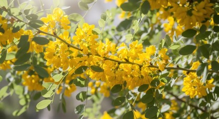 Fototapeta premium Vibrant Yellow Flowers Blooming on a Branch in Soft Sunlight Creating a Beautiful Spring Scene