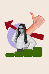 Poster trend sketch template photo collage of thumb fine success young businesswoman smile arrow up...