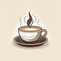 Obraz premium Illustration of a steaming cup of coffee on a saucer, stylized with hand-drawn lines. This minimal vintage design evokes warmth, comfort, and a cozy café atmosphere.