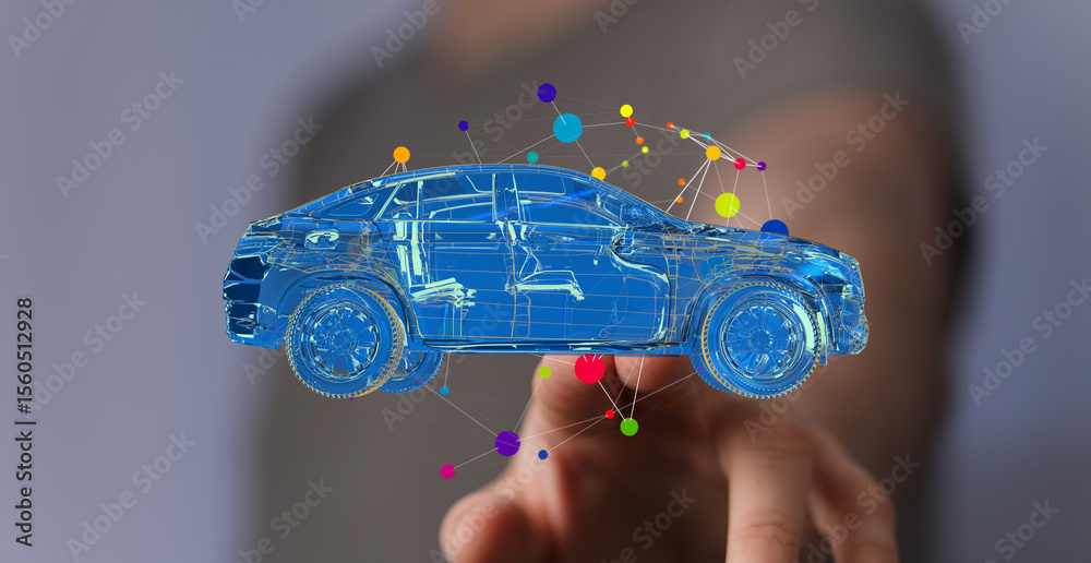 Poster innovative car design concept. digital model with network connections. future of automotive technolo