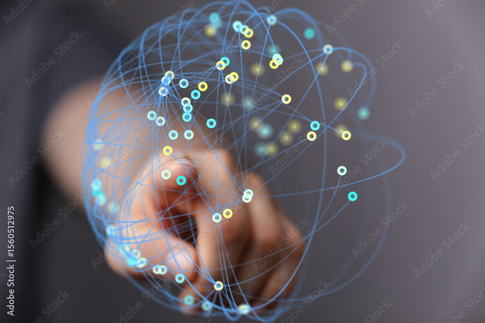 Aufkleber Abstract image of a hand interacting with a digital network, representing global connectivity and data flow.
