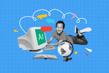 Creative design composite artwork collage of young boy lying computer keypad globe book pupil academic technology digital lesson back