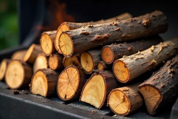 Rustic Seasoned Wood Pile Ready for Grilling Perfect for Backyard BBQs and Outdoor Cooking.  Enjoy the Natural Wood Textures and Colors, Ideal for Spring and Summer Grilling Adventures.