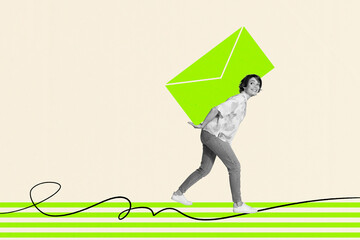3D photo collage template trend artwork of young woman walk hand hold email conversation speech...