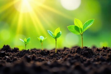 Vibrant Seedlings Bursting Forth A Symbol of Growth, Hope, and a Promising Future. Sunlight illuminates these thriving plants emerging from rich soil, conveying optimism and renewal.