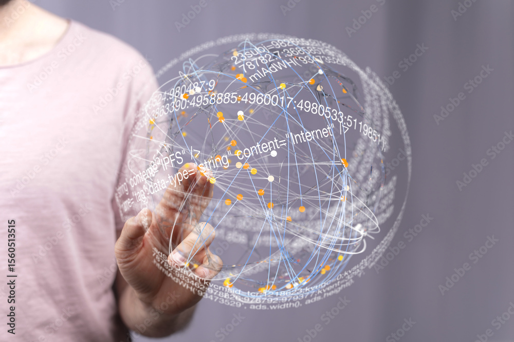 Poster A hand interacts with a 3D holographic sphere visualizing global internet connections.