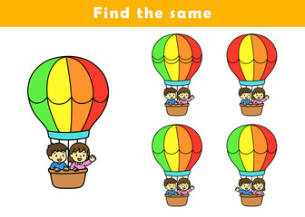 Find same picture worksheet for kids. Worksheet for kids kindergarten, preschool and school age. Education game for children with cute balloon illustration.