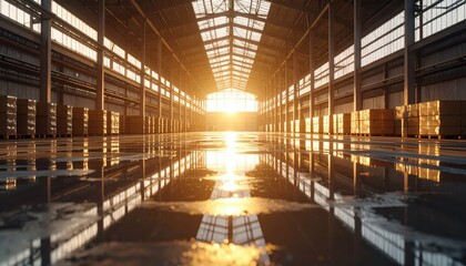 Obraz premium Sunlit Warehouse with Steel Beams and Oil Puddles During Golden Hour