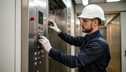Technician Performing Routine Maintenance on Elevator in Hard Hat