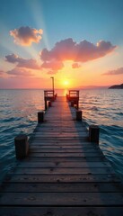 Obraz premium Serene Sunset Panorama Rustic Wooden Pier Extending Over Calm Blue Water, Ideal for Travel and Coastal Themed Projects. Golden Hour Tranquility.