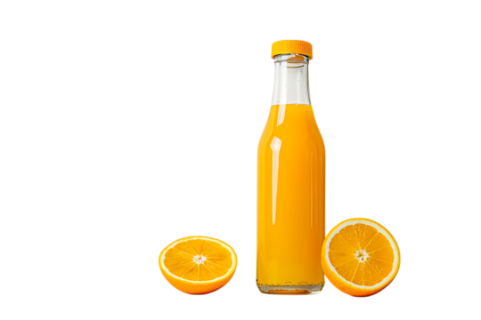 Glass bottle of orange juice with orange slices