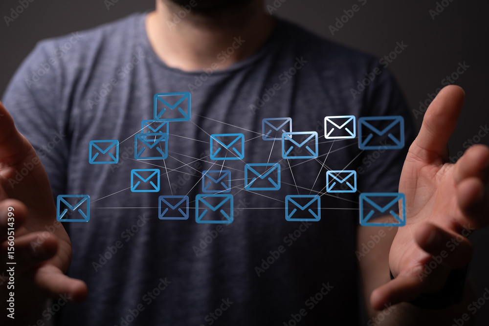 Poster Image of a person holding a network of email icons, representing communication and connection.