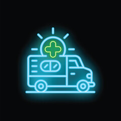 Neon ambulance car rushing with green medical cross sign glowing on a black background