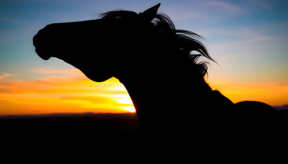 Naklejka premium horse silhouette in sunset, vibrant. White tone