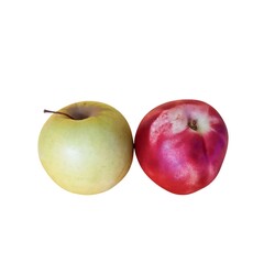 Composition of imperfect fruits on white background. green apples nectarine 