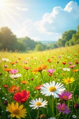 Fototapeta premium Sun-Drenched Wildflower Field Swaying Gently in the Breeze Serenity, Joy, and Summer Bliss