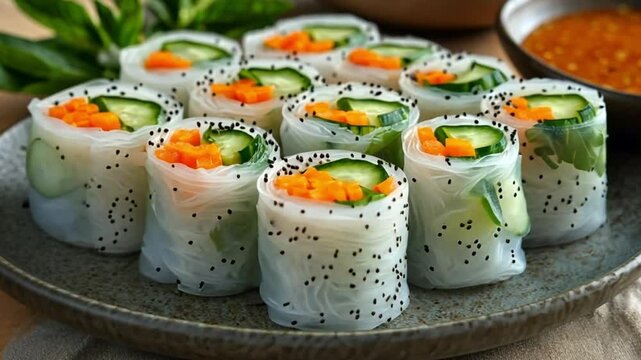 Fresh translucent rice paper rolls filled with colorful vegetables