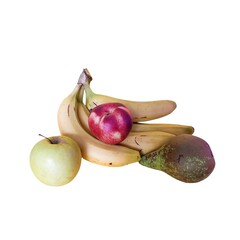Composition of imperfect fruits on white background. bananas green apples nectarine and pear