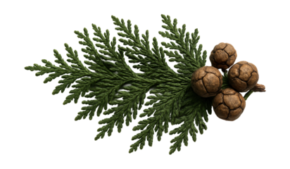 Cypress twig with overlapping, scale-like leaves and small, round cones