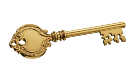 Intricate Golden Antique Key Isolated on Transparent Background Emphasizing Detail and Ornate Design Isolated Transparent Background