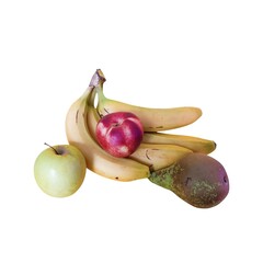 Composition of imperfect fruits on white background. bananas green apples nectarine and pear